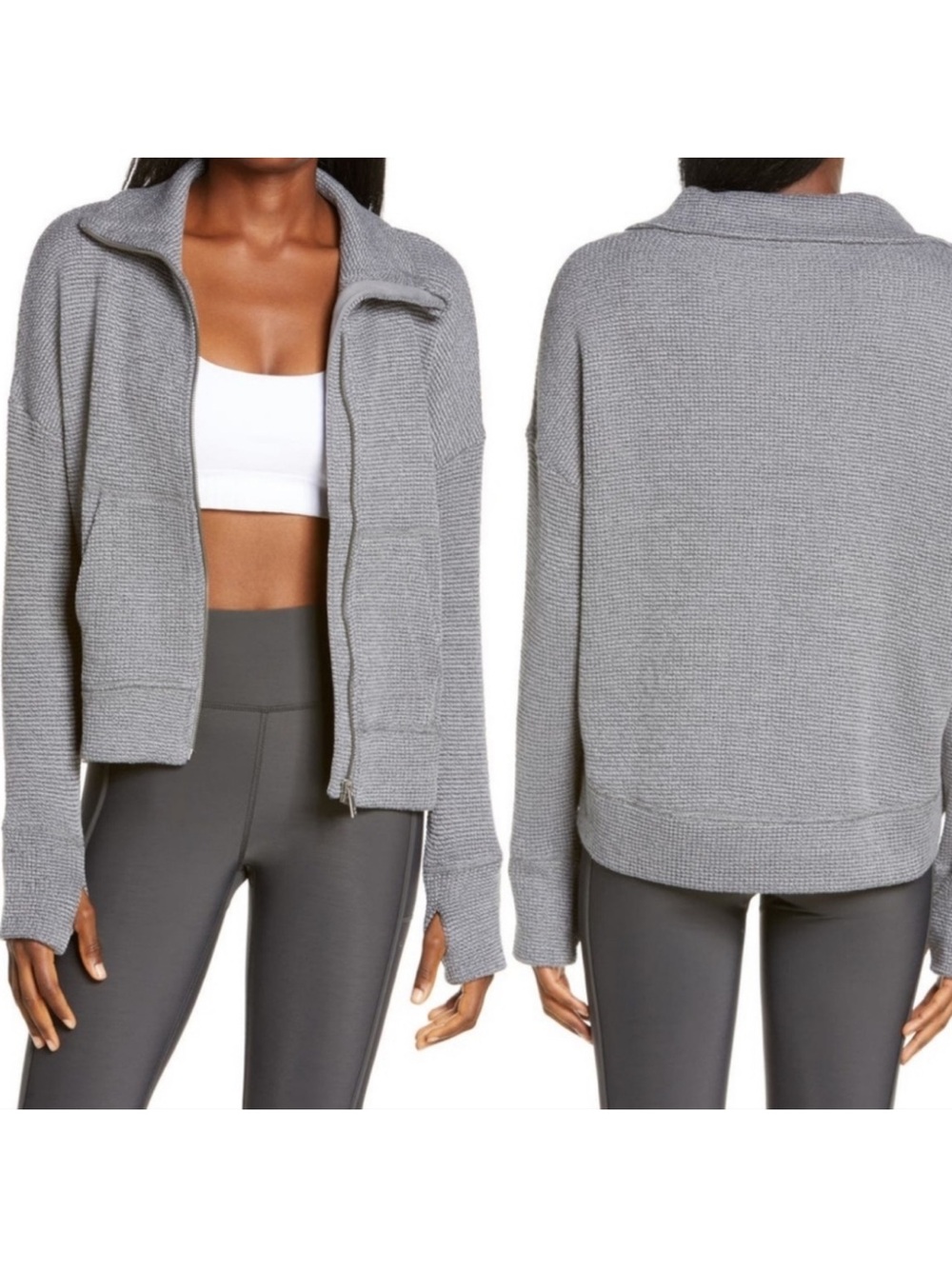 Sweaty Betty Restful Bouclé Zip Jacket Small Gray Textured Cotton Thumbhole Boxy
